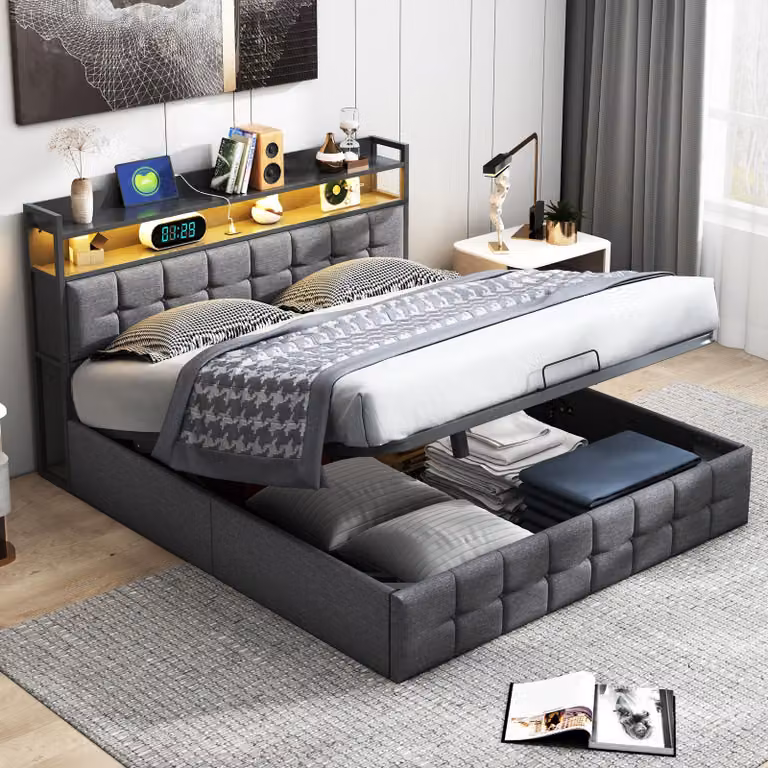 UnboxG Letto imbottito 140x190 cm grigio, illuminazione LED RGB del letto, spazio di archiviazione idraulico, porta di ricarica USB e Type-C, biancheria, letto moderno morbido, grigio
