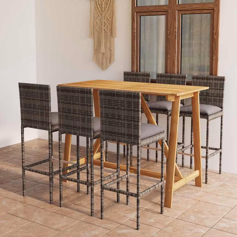 vidaXL Set da Bar da Giardino 7 pz in Polyrattan e Legno di Acacia con Cuscini Grigio Antracite e Marrone