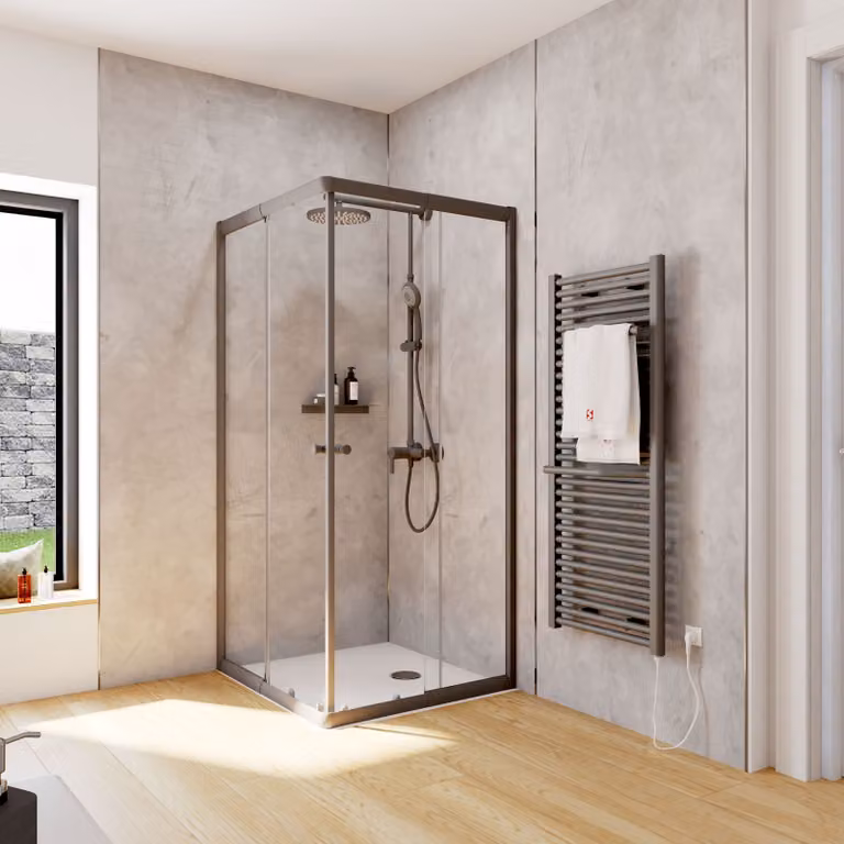Cabina doccia Schulte Corner con ingresso angolare e porte scorrevoli, installazione su piatto doccia o piastrelle, vetro di sicurezza temperato da 4 mm, altezza: 180 cm, 90 x 80 cm, colore del profilo: nero opaco, tipo di vetro: trasparente chiaro