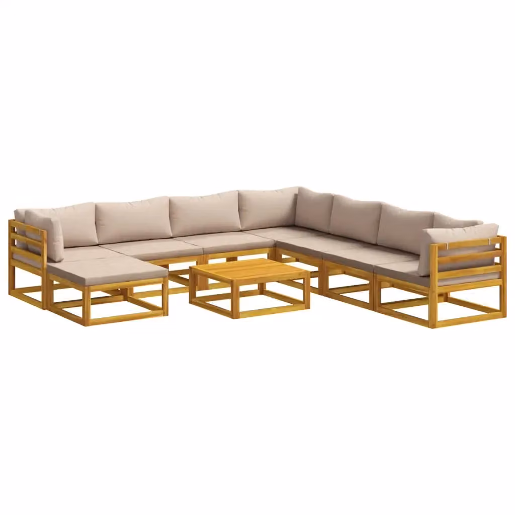Set di divani da giardino vidaXL in legno di acacia massello con cuscini beige e marrone, composizione a L con pouf e tavolino da esterno, 9 pezzi – 2