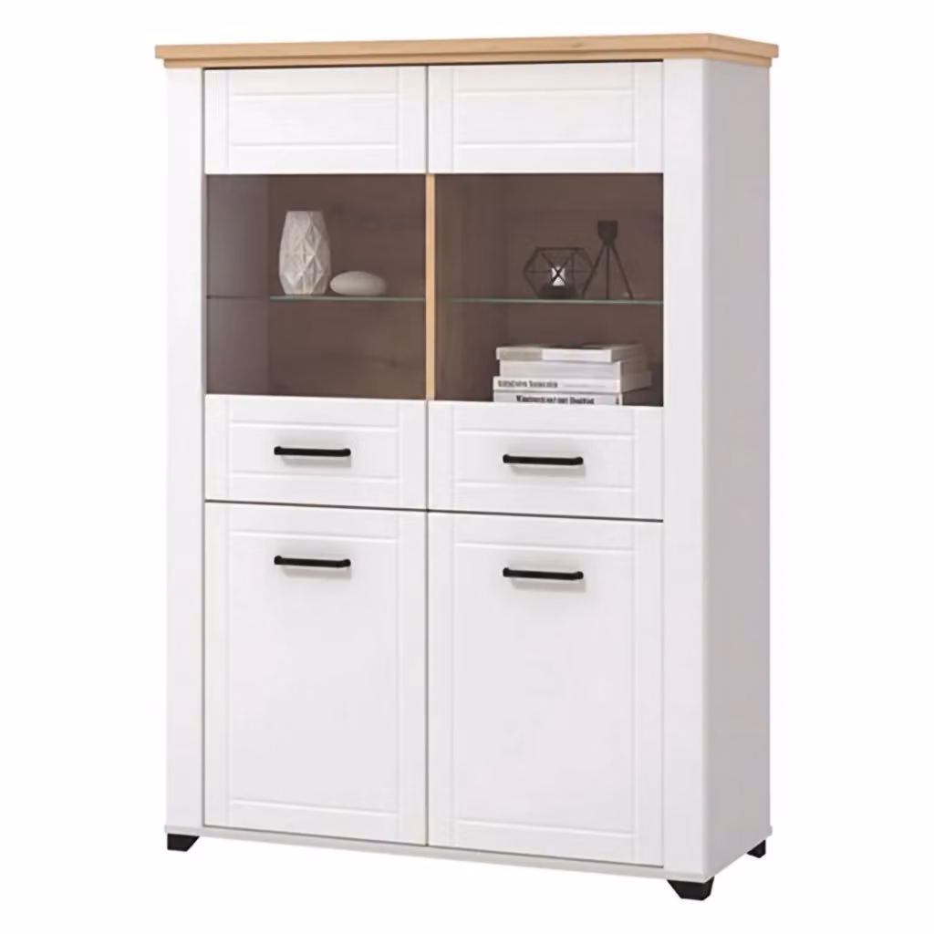 Vetrina Espositore DMORA con Ante in Vetro e Ripiani Interni, Colore Bianco e Rovere, L: 104 cm, P: 41 cm, H: 143 cm – 2