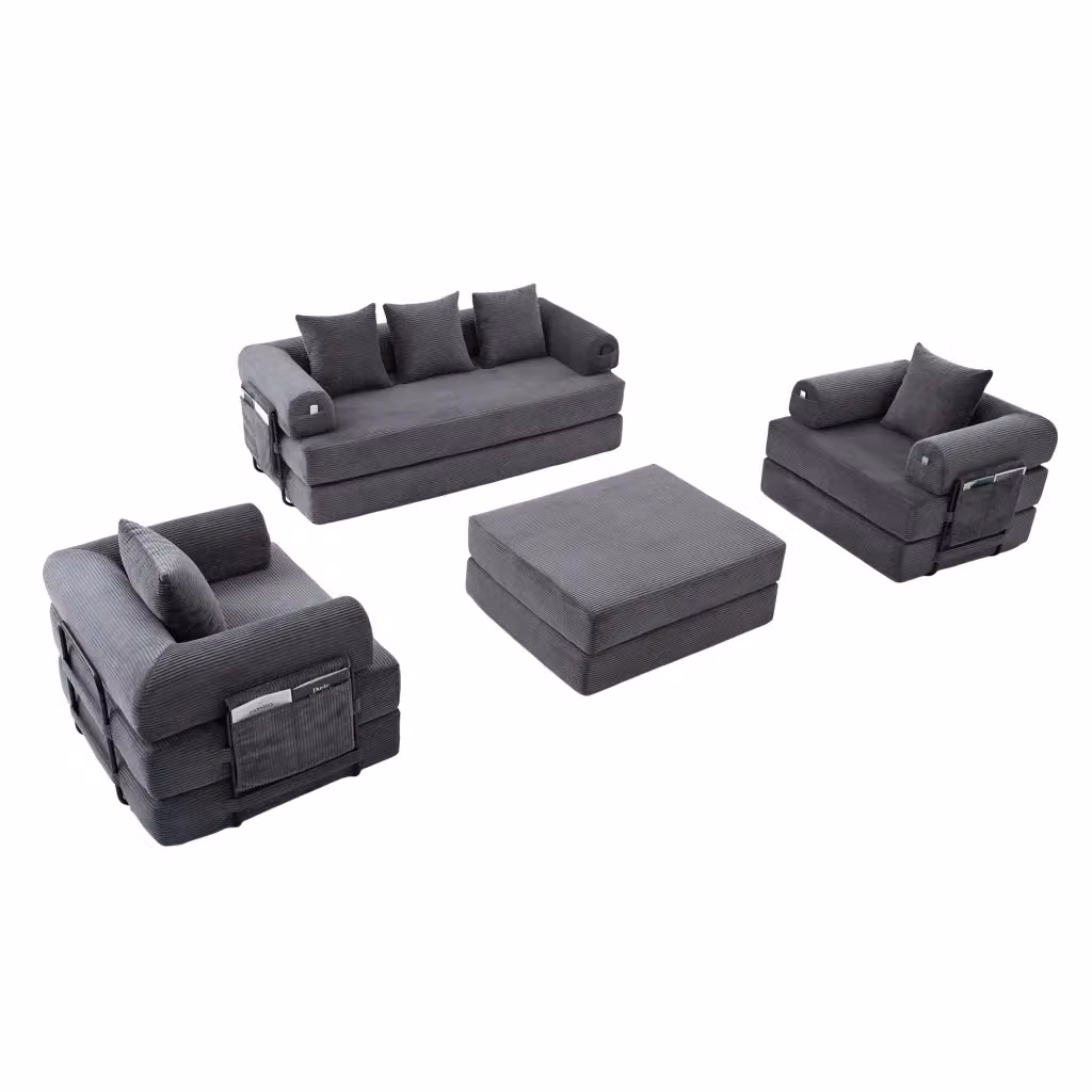 Divano modulare a L da 4 posti con pouf e cuscini in velluto grigio scuro con struttura in metallo – 2