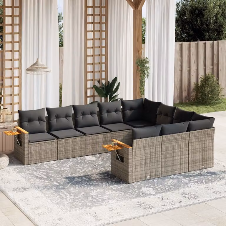 vidaXL Set Divano da Giardino 10 pz in Polyrattan Grigio con Cuscini e Tavolino da Caffè