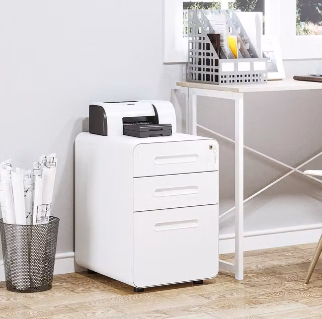 Cassettiera da ufficio MODFU in acciaio bianco con 3 cassetti, serratura e ruote, L: 39 cm, P: 48 cm, H: 59 cm