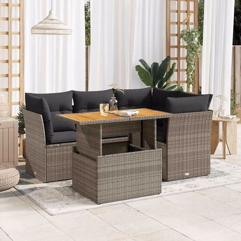 Set Divano da Giardino vidaXL 5 Pezzi a Forma di L con Tavolino e Cuscini Grigio in Polyrattan e Acciaio