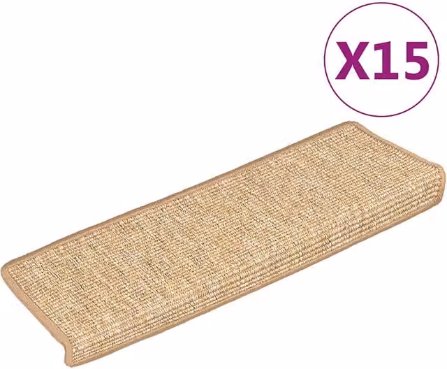 Set di 15 tappetini per scale DESIGN IN in sisal e polipropilene, antiscivolo e fonoassorbenti, colore marrone chiaro/beige, L: 65 cm, P: 21 cm, H: 4 cm