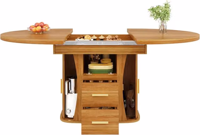 Tavolo da pranzo ovale allungabile con piano scorrevole e vano contenitore in MDF noce, L/P/H: 118 x 118 x 77 cm (estendibile fino a 158 cm) – 1