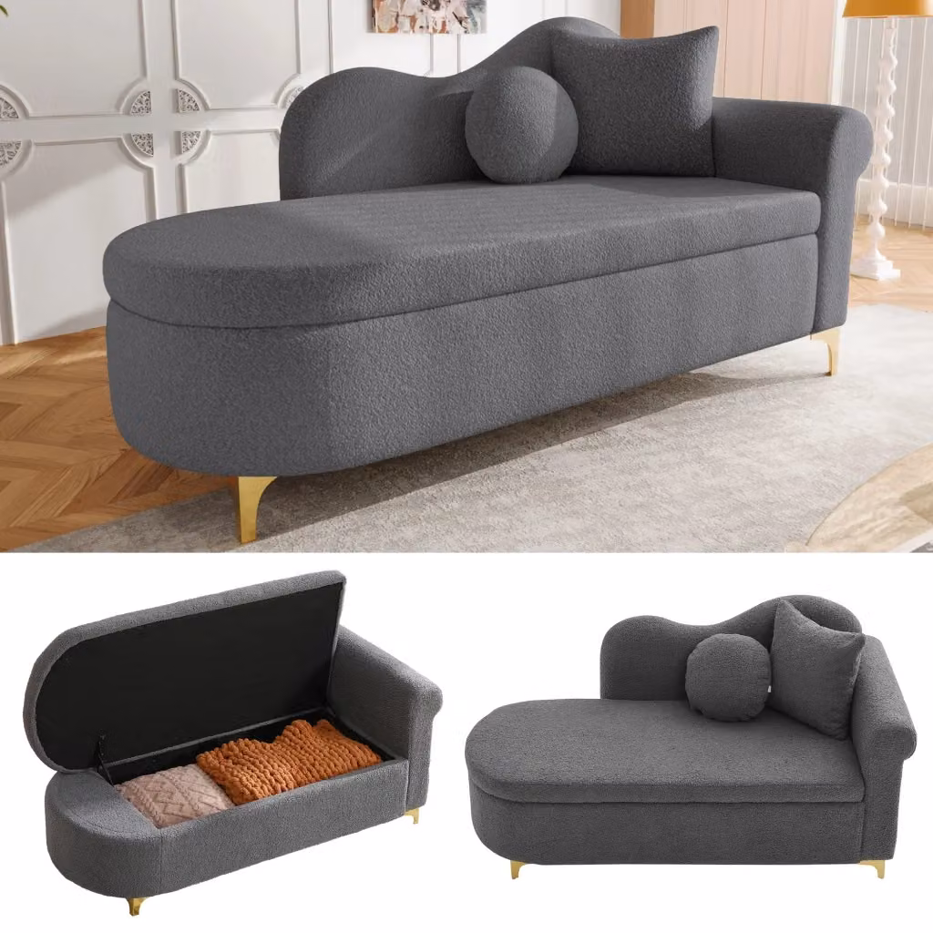 Poltrona chaise longue Mivray con vano contenitore e 2 cuscini, rivestimento in tessuto effetto montone grigio, L: 134 cm, P: 64 cm, H: 70 cm – 2