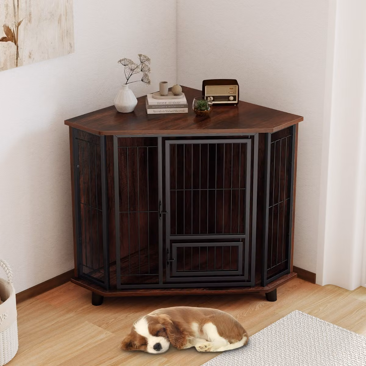 Gabbia angolare per cani Costway in legno marrone con porta serrabile e piano di lavoro integrato