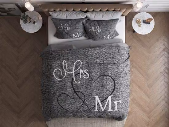 Copripiumino Ibbenzoa® in 100% cotone – 200 x 220 cm, grigio con motivo "Mr. and Mrs.", leggero, 100 g/m², con cerniera, lavabile a 60°C