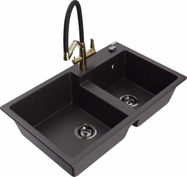 Mexen Tomas lavello in granito a 2 vasche con rubinetto da cucina Duo, nero/oro metallizzato - 6516-75-671701-57-B