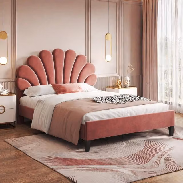 Letto imbottito 140x200 cm rosso in velluto, testiera a fiore e rete a doghe