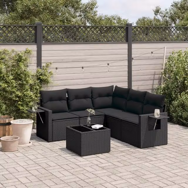 Set Divano da Giardino 6 pz con Cuscini Nero in Polyrattan 3252492