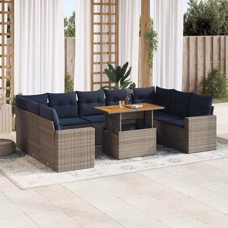 Set Divano da Giardino vidaXL a Forma di L con 10 Pezzi, Polyrattan e Cuscini Blu e Grigio