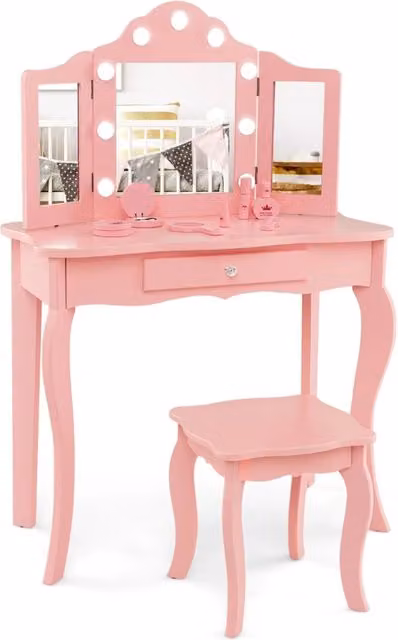 Set tavolo da trucco per bambini con sgabello e specchio a tre pieghe in vetro, design principessa rosa in MDF laccato