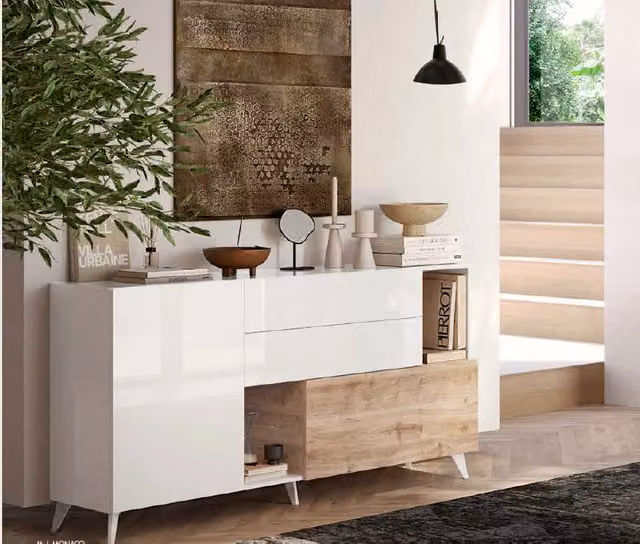 Madia Marion 240x42x94h colore bianco lucido e mercure