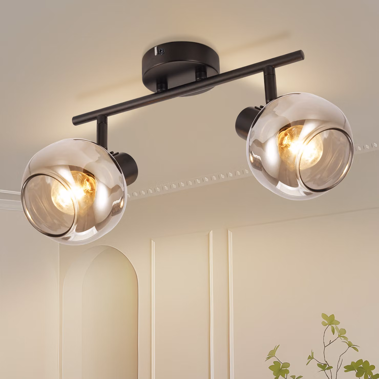 ZMH lampada da soffitto vintage soggiorno 2 fiamme E14 plafoniera fumo grigio vetro retro soffitto spot nero per camera da letto corridoio cucina (senza fonte di luce)