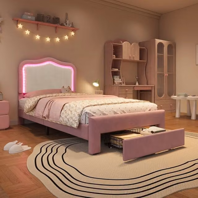 Letto imbottito per bambini 90 x 200 cm con cassetto e LED; velluto rosa