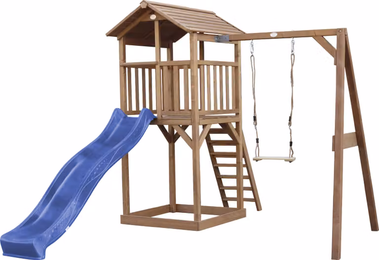 AXI Beach Tower parco giochi in legno in marrone | Torre di gioco per bambini con sabbiera, altalena e scivolo blu | Casa per bambini su palafitte per il giardino
