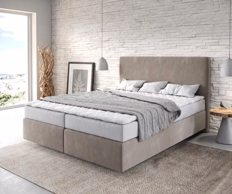 Letto boxspring DELIFE Dream-Well 160x200 cm in microfibra beige con materasso e topper