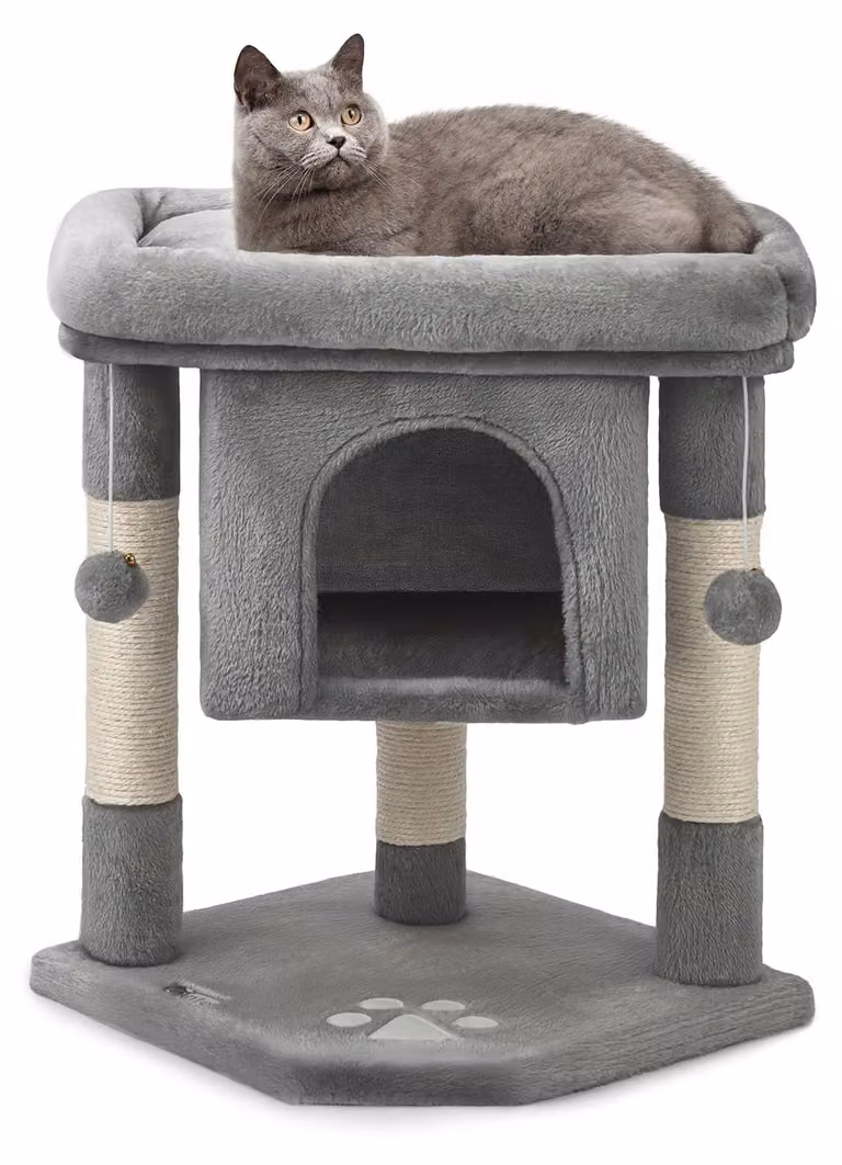Tiragraffi gatto con cuccia in peluche e 2 palline giocattolo - 60 cm - Sisal - Grigio scuro