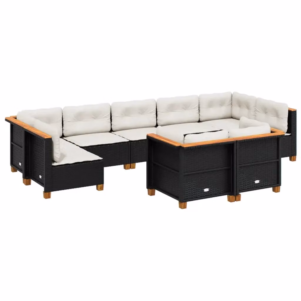 Set di divani da giardino vidaXL a forma di U composto da 9 pezzi con cuscini in polyrattan nero e struttura in legno di acacia – 2