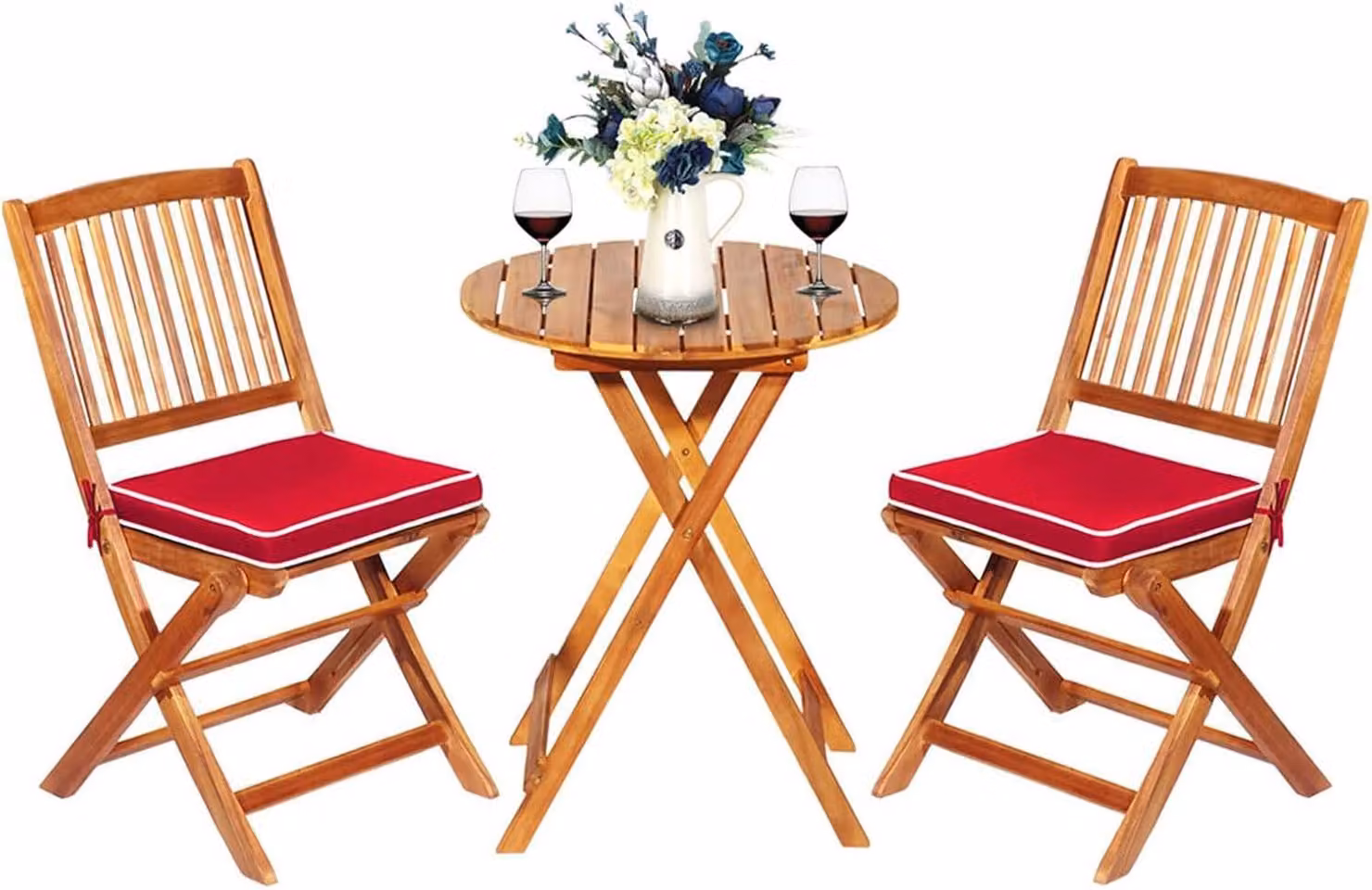 COSTWAY Set di mobili da giardino 3 pezzi, tavolo bistrot con 2 sedie, gruppo di sedute per balcone pieghevole con 2 cuscini, set da giardino, gruppo di sedute in legno di acacia rosso