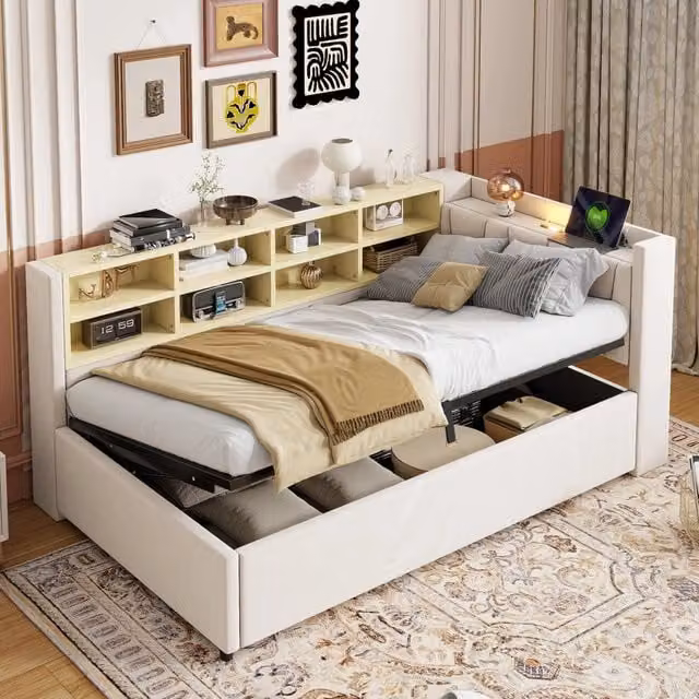 Divano letto imbottito con contenitore idraulico; luce notturna; porta USB/Tipo-C e ripiani; velluto beige; 90x200 cm; senza materasso