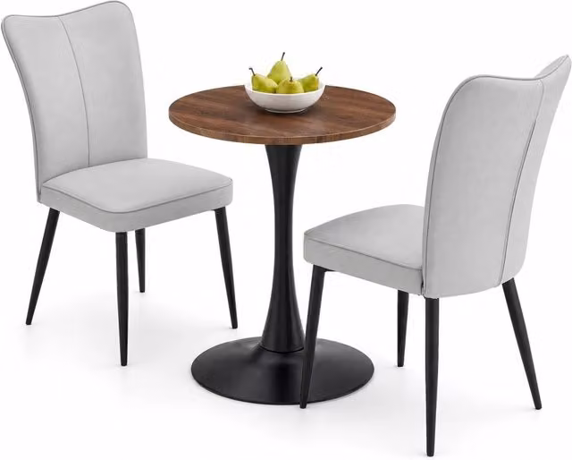 Set tavolo e sedie con tavolo rotondo e 2 sedie ergonomiche, in MDF, metallo e PU nero, grigio chiaro e noce