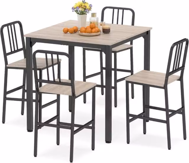 Set Tavolo da Bar Alto con 4 Sgabelli 5 Pezzi Salvaspazio per Cucina e Sala da Pranzo 90x90 cm Grigio