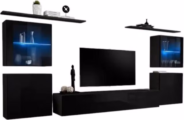 Composizione murale SWITCH XIV Meublorama mobile TV sospeso nero lucido con illuminazione LED integrata e ante in vetro L: 320 cm, P: 40 cm, H: 7 cm