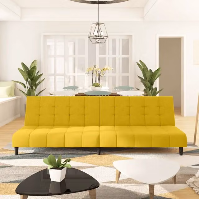 Divano Letto Click Clack vidaXL in Velluto Giallo con Struttura in Legno Solido e Poggiatesta Regolabile, Dimensioni Letto: 100 x 200 cm