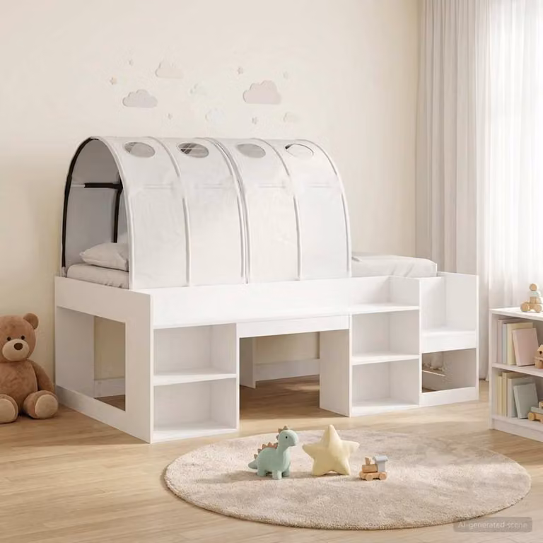 Letto singolo per bambini vidaXL con struttura a casetta e tunnel, colore bianco, in legno ingegnerizzato, L/P/H: 200 x 127 x 95 cm