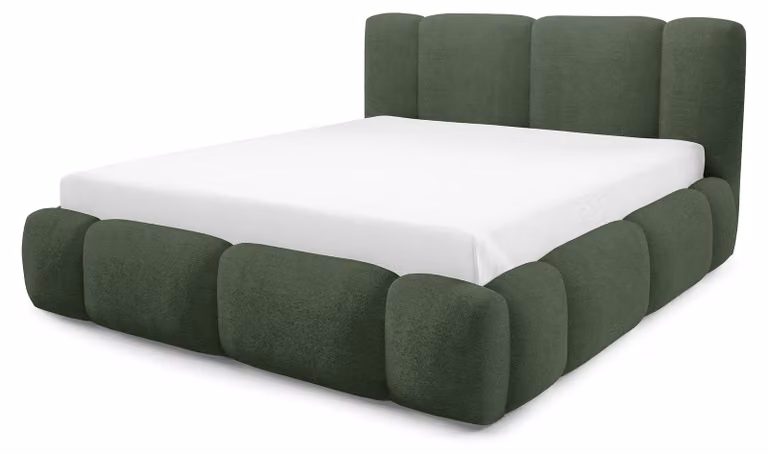 Letto imbottito con contenitore integrato, colore verde bosco, dimensioni 140 x 200 cm