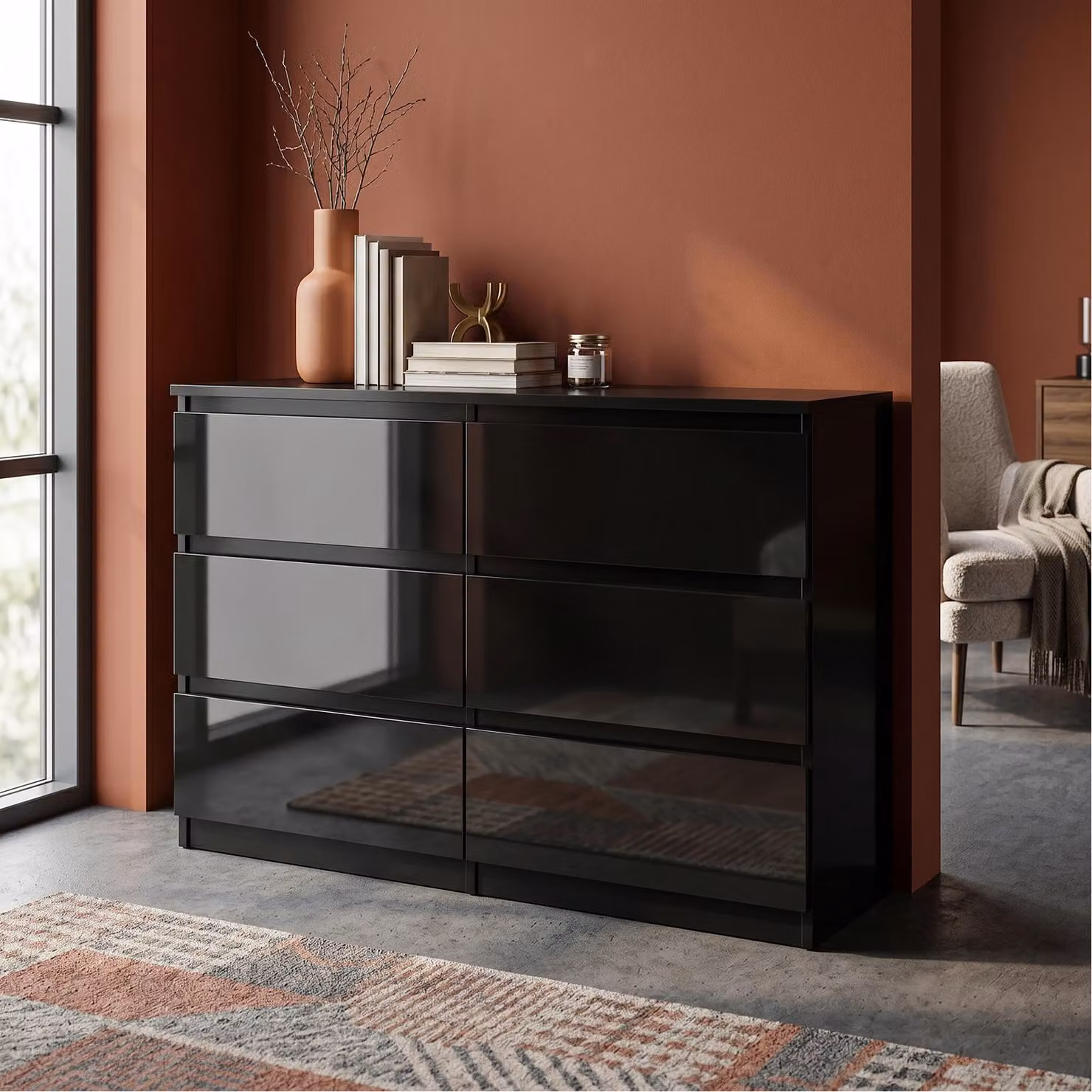 Comodà Masseno NUDO da 120 cm con 6 cassetti e ante, per soggiorno e camera da letto, stile moderno, 120x39x78,5 cm, nero / nero