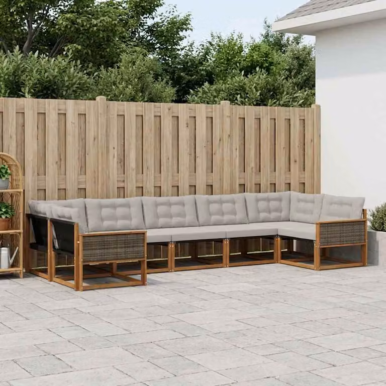 Set di divani da esterno vidaXL a forma di L composto da 7 pezzi in legno di acacia e tessuto textilene, colore beige e grigio