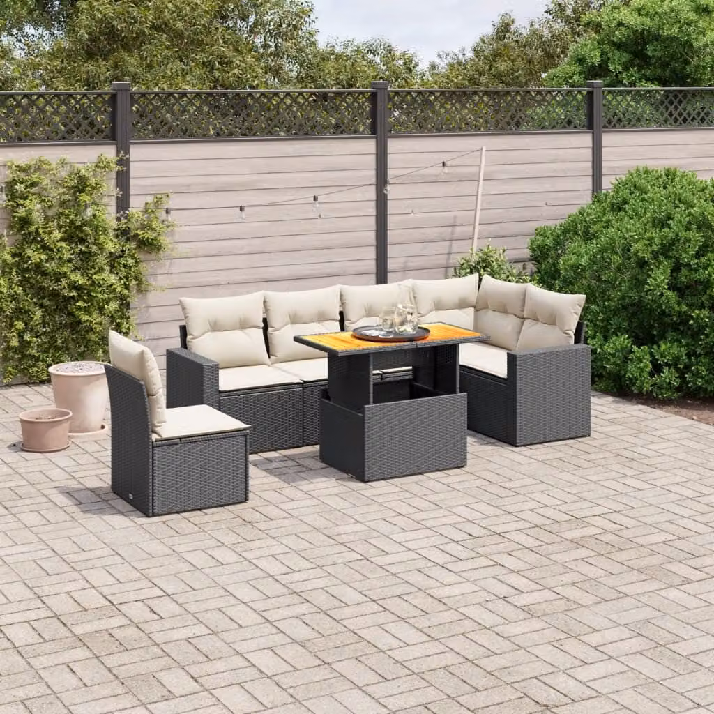 Set Divani da Giardino a L vidaXL in Polyrattan Nero con 7 Cuscini e Tavolino da Esterno – 1