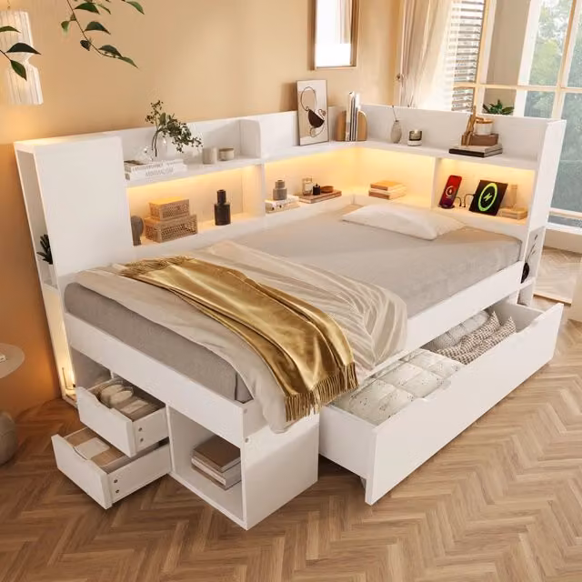 Letto a giorno in legno con LED; porta USB/Tipo-C; ripiani; mensole e cassetti; bianco; 90x200 cm; senza materasso