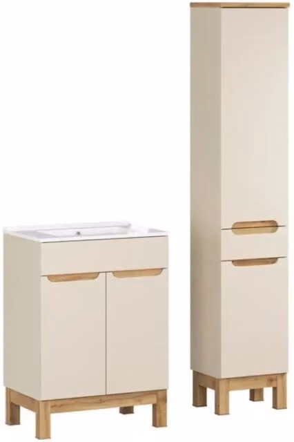 Set da bagno ERMANO effetto cachemire quercia 95cm: mobile sotto lavabo + lavabo incassato bianco + colonna