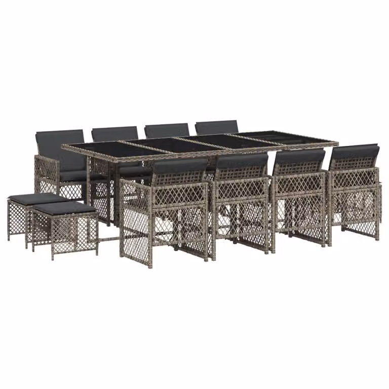 Set da Pranzo da Giardino 13pz con Cuscini Grigio in Polyrattan