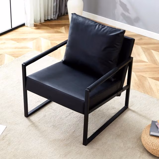 Poltrona moderna MIVRAY con braccioli in similpelle nera e struttura in metallo per soggiorno e ufficio L: 79,0 cm, P: 65,0 cm, H: 76,7 cm – 1