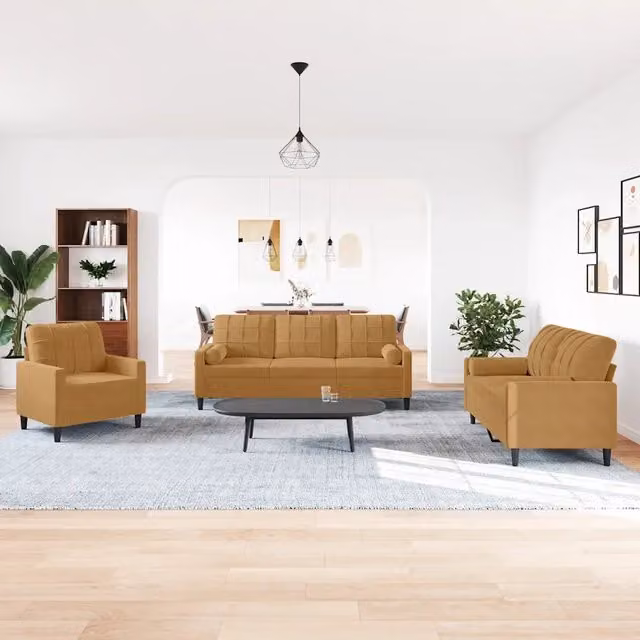 Set di divani 3 pezzi vidaXL in velluto marrone con cuscini e struttura in metallo per soggiorno