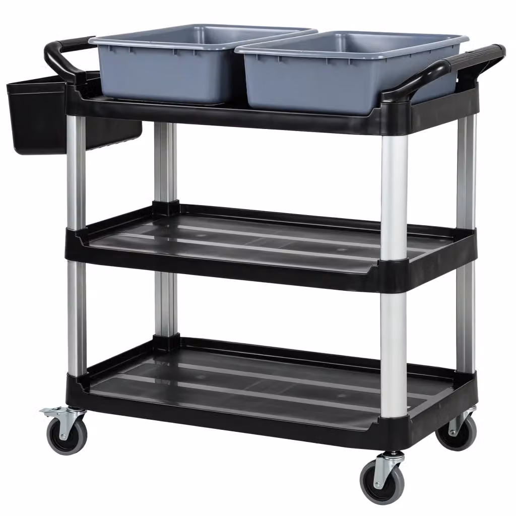 Carrello per pulizie Minimal a 3 ripiani con 2 contenitori e bidone laterale nero – 2