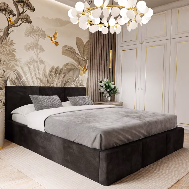 Muralo Letto imbottito per camera da letto Letto imbottito con rete e molla a gas Letto con testiera imbottita Letto matrimoniale 180x200 Letto con contenitore Nero
