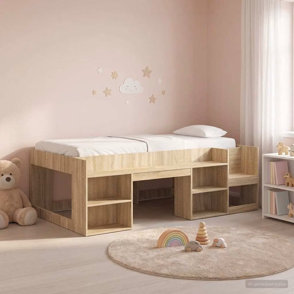 vidaXL Letto Singolo Rialzato per Bambini con Ripostiglio e Scala, Rovere Sonoma e Marrone, L: 193,5 cm, P: 120 cm, H: 103,5 cm