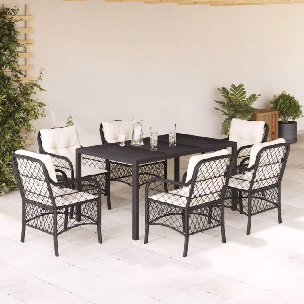 Set da Pranzo da Giardino vidaXL 7 pz in Polyrattan Nero con Piano in Vetro e Cuscini – 1
