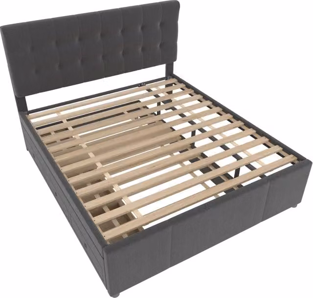 Letto matrimoniale con cassetti e letto estraibile, testiera regolabile, rivestimento in tessuto, grigio, L: 140 cm, P: 200 cm