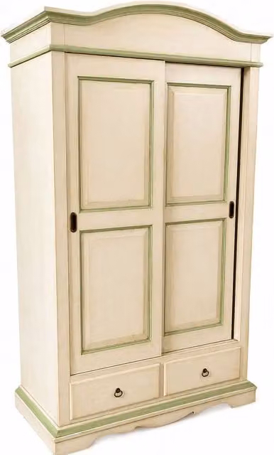 Armadio Mobili 2G in legno stile shabby chic con 2 ante scorrevoli, colore avorio anticato e dettagli verde, L: 122 cm, P: 59 cm, H: 200 cm – 1