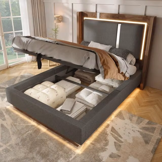 letto imbottito lino legno grigio noce 90 x 200 cm