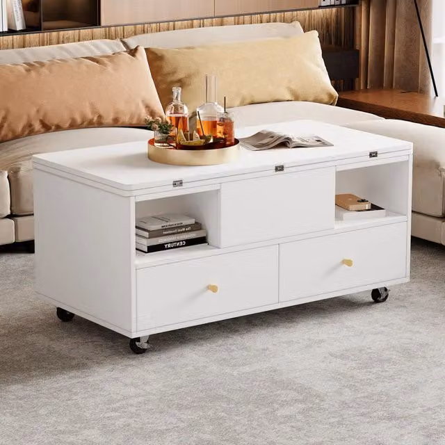 Tavolino da salotto WISHDOR bianco con piano pieghevole, meccanismo sollevabile, 4 cassetti e ruote, L: 100 cm, P: 50 cm, H: 47,5 cm